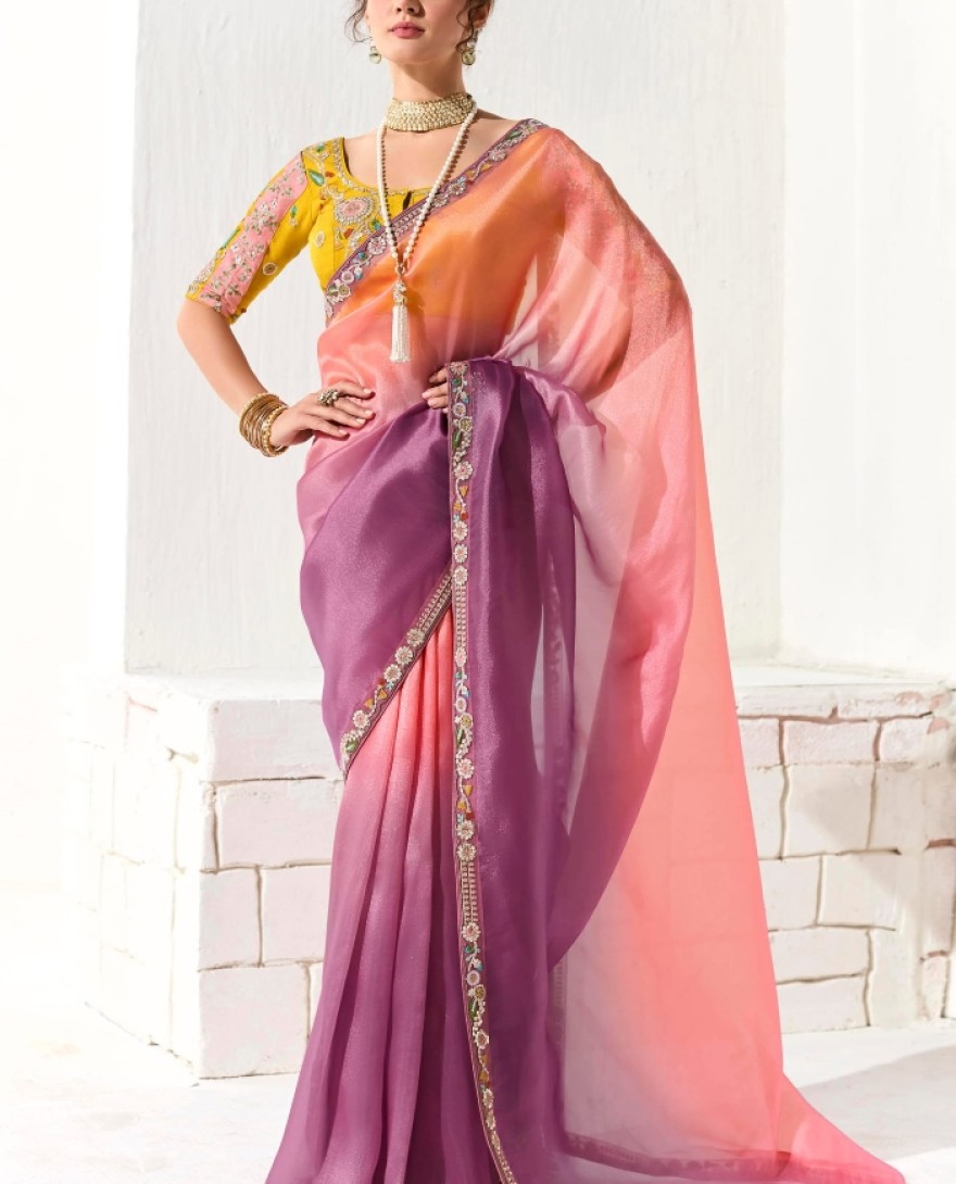2220 - RAVISHING PEACH & PURPLE SHADED TISSUE SILK BRIDESMAID SAREE WITH BLOUSE
